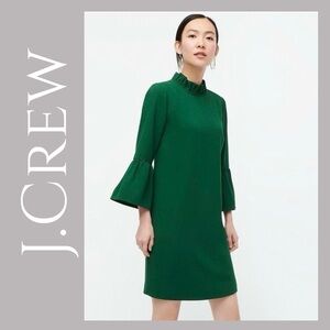 J.Crew Green Ruffle Neck bell sleeve crepe Shift Dress Elegant Workwear Dress 0